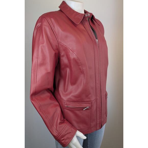 I.E. Woman Leather Jacket 1X Red Zip Front Pockets Classic Timeless Outerwear - Picture 2 of 12